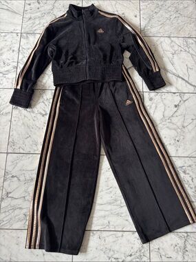 GIRLS ADIDAS Black Velour Track Set with Metallic Rose Gold Stripes